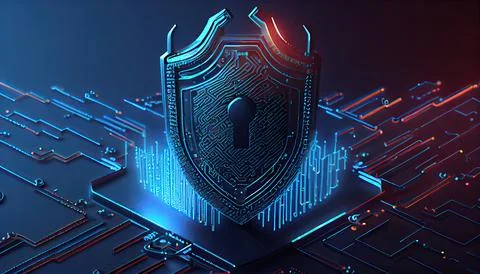 Shield with a lock icon is displayed on a circuit board and network wirefra.. Stock Illustration