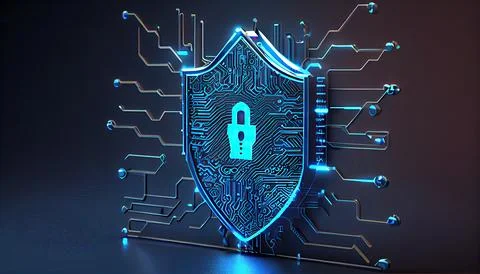Shield with a lock icon is displayed on a circuit board and network wirefra.. 스톡 일러스트