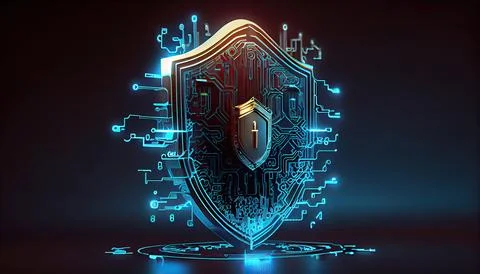 Shield with a lock icon is displayed on a circuit board and network wirefra.. Stock Illustration