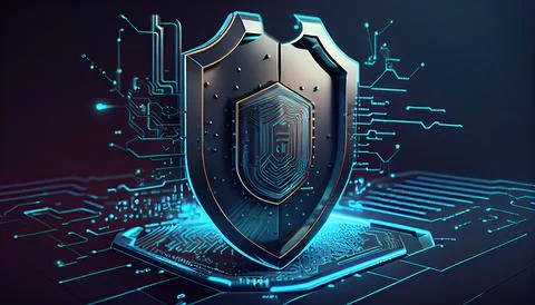 Shield with a lock icon is displayed on a circuit board and network wirefra.. 스톡 일러스트