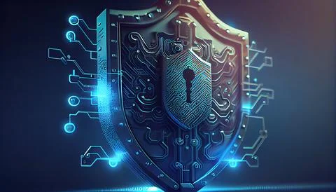 Shield with a lock icon is displayed on a circuit board and network wirefra.. Stock Illustration