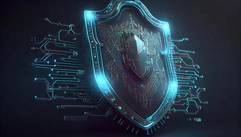 Shield with a lock icon is displayed on a circuit board and network wirefra.. Illustrazione stock