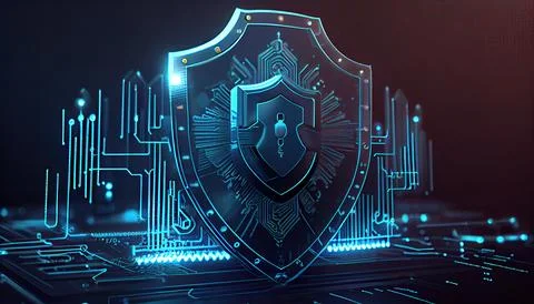 Shield with a lock icon is displayed on a circuit board and network wirefra.. 스톡 일러스트
