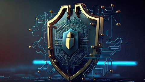 Shield with a lock icon is displayed on a circuit board and network wirefra.. Stock Illustration