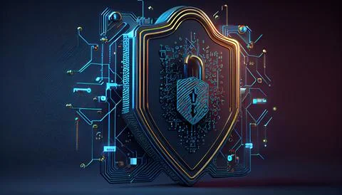 Shield with a lock icon is displayed on a circuit board and network wirefra.. Stock Illustration