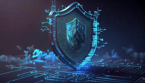 Shield with a lock icon is displayed on a circuit board and network wirefra.. イラスト素材