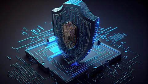 Shield with a lock icon is displayed on a circuit board and network wirefra.. Stock Illustration