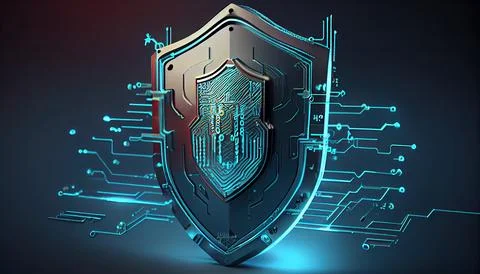 Shield with a lock icon is displayed on a circuit board and network wirefra.. Stockillustratie