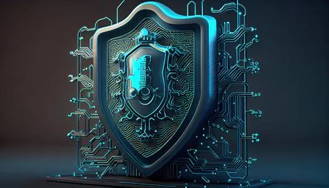 Shield with a lock icon is displayed on a circuit board and network wirefra.. Stock Illustration