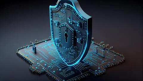 Shield with a lock icon is displayed on a circuit board and network wirefra.. Stock Illustration