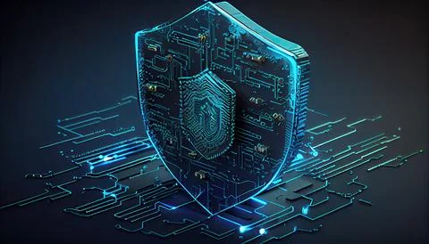 Shield with a lock icon is displayed on a circuit board and network wirefra.. Stock Illustration