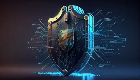 Shield with a lock icon is displayed on a circuit board and network wirefra.. Stock Illustration