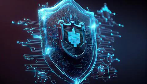Shield with a lock icon is displayed on a circuit board and network wirefra.. Stock Illustration