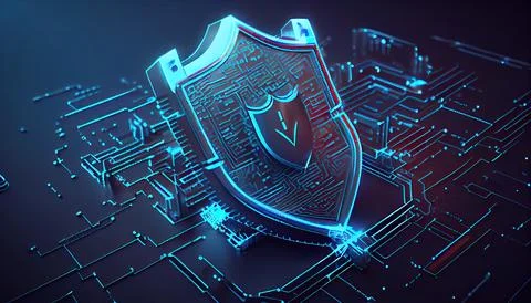 Shield with a lock icon is displayed on a circuit board and network wirefra.. Stock Illustration