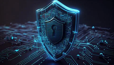 Shield with a lock icon is displayed on a circuit board and network wirefra.. 库存插图