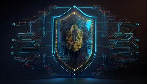 Shield with a lock icon is displayed on a circuit board and network wirefra.. Stock Illustration