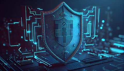 Shield with a lock icon is displayed on a circuit board and network wirefra.. Stock Illustration