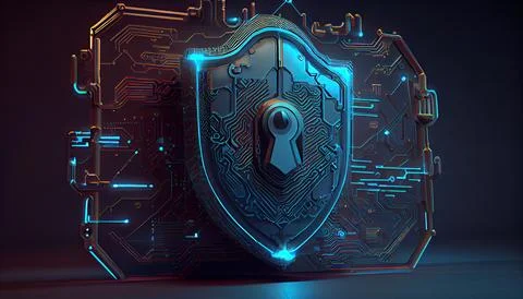 Shield with a lock icon is displayed on a circuit board and network wirefra.. Stock Illustration