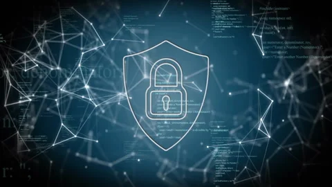 Shield lock icon fading triggers network nodes appearing and code scrolling, Stock Footage 310826193