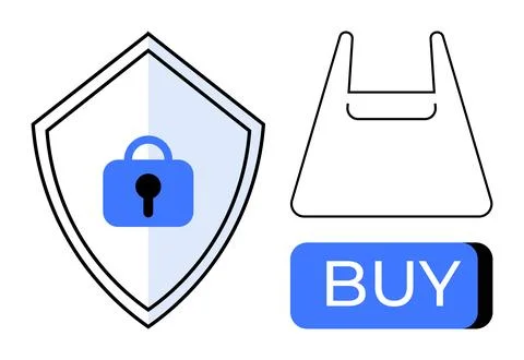Shield with lock icon, shopping bag outline, and blue BUY button. Ideal for o Stock Illustration