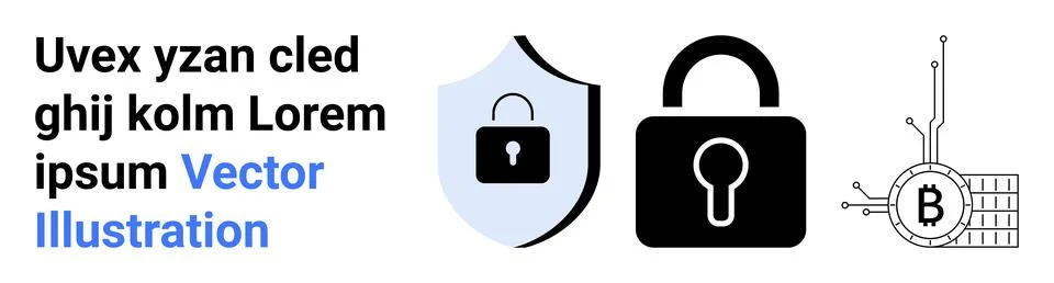 Shield with lock, large padlock, and blockchain symbol with bitcoin icon. Ide 스톡 일러스트