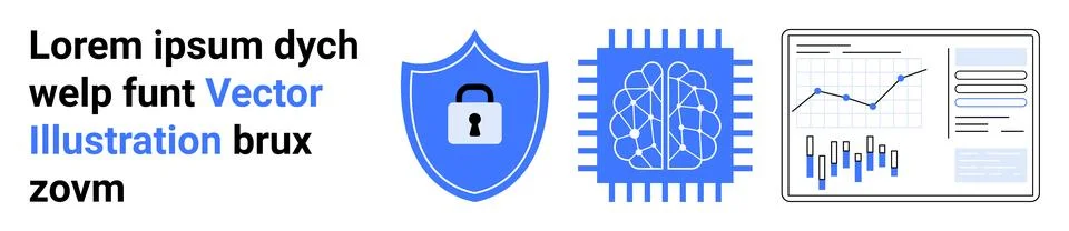 Shield with a lock, neural network on a microchip, and data analytics graph w Stock Illustration