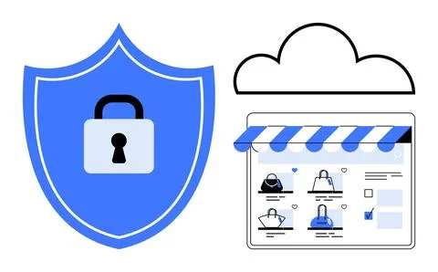 Shield with lock representing security next to cloud and online shopping webs Stock Illustration