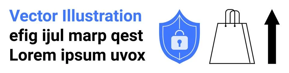 Shield lock represents security, shopping bag signifies purchases, and upward Illustrazione stock