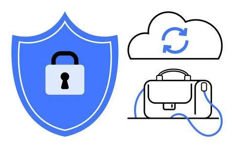 Shield with a lock, rotating arrows on cloud symbol, and professional briefca Stock Illustration