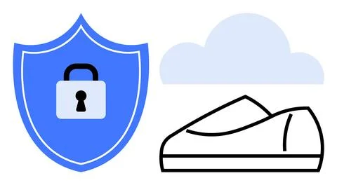 Shield with lock symbol, cloud icon, and shoe illustration represent cybersec Stock Illustration