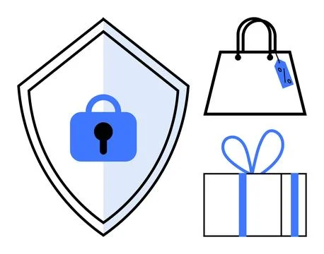 Shield with lock symbol indicating security, next to a shopping bag with a ta Illustrazione stock