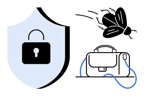 Shield with lock symbol, virus bug, and briefcase with USB cable represent on Stock Illustration