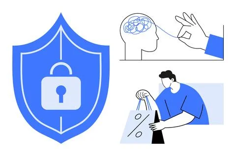 Shield with lock symbolizing protection, hand manipulating strings from brain Illustrazione stock
