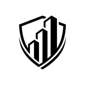 Shield logo design with ascending buildings for secure investment. Stock Illustration