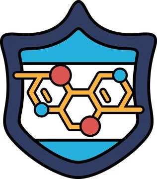 A shield with a logo of a molecule on it Stock Illustration