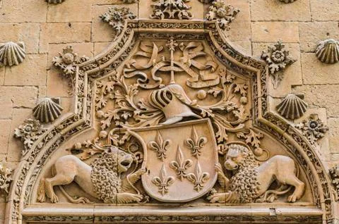 Shield in the main door palace of the shells. Salamanca Spain. Stock Photos