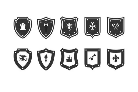 Shield medieval set. Heraldic Shields icons set. royal knight Protect shield Stock Illustration