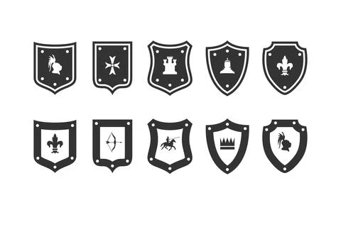 Shield medieval set. Heraldic Shields icons set. royal knight Protect shield Stock Illustration