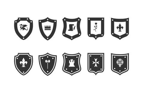 Shield medieval set. Heraldic Shields icons set. royal knight Protect shield Stock Illustration