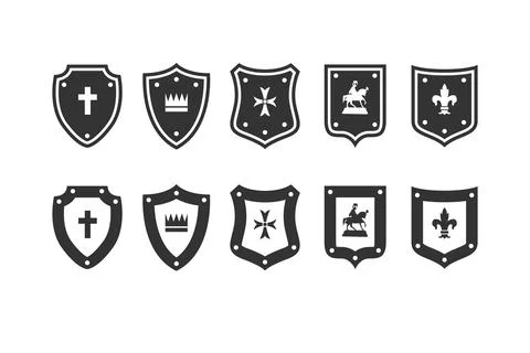 Shield medieval set. Heraldic Shields icons set. royal knight Protect shield Stock Illustration