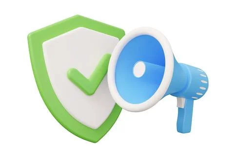 Shield megaphone speaker 3d render illustration in minimal cartoon style is.. Stock Illustration
