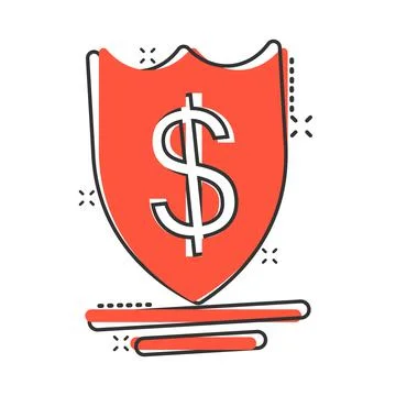 Shield with money icon in comic style. Cash protection cartoon vector illustr Stock Illustration