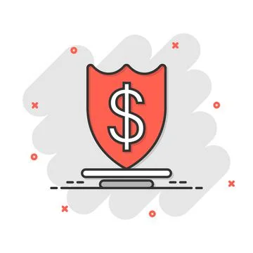 Shield with money icon in comic style. Cash protection cartoon vector illustr Stock Illustration
