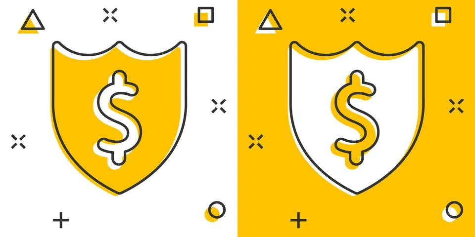 Shield with money icon in comic style. Cash protection cartoon vector illustr Stock Illustration