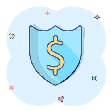 Shield with money icon in comic style. Cash protection cartoon vector illustr Stock Illustration