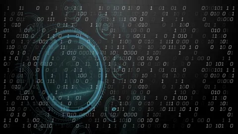 Shield morphing into cyan HUD, forming rings, streaming binary, revealing Stock Footage 329453864