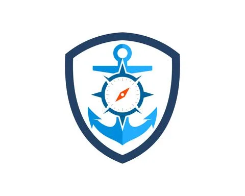 Shield with nautical anchor and compass inside Stock Illustration