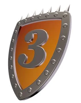 Shield with the number three - 3 -  on white background - 3d illustration Stock Illustration