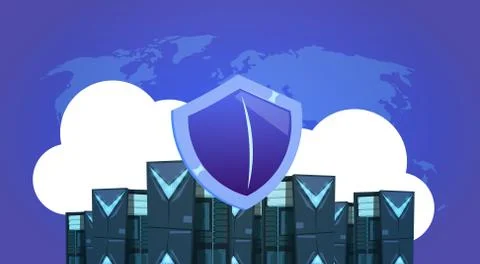 Shield over data storage cloud synchronization center with hosting servers and Stock Illustration
