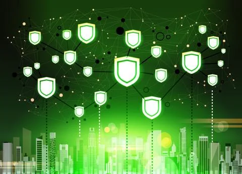 Shield over green cityscape Data protection privacy concept GDPR Cyber security Illustrazione stock